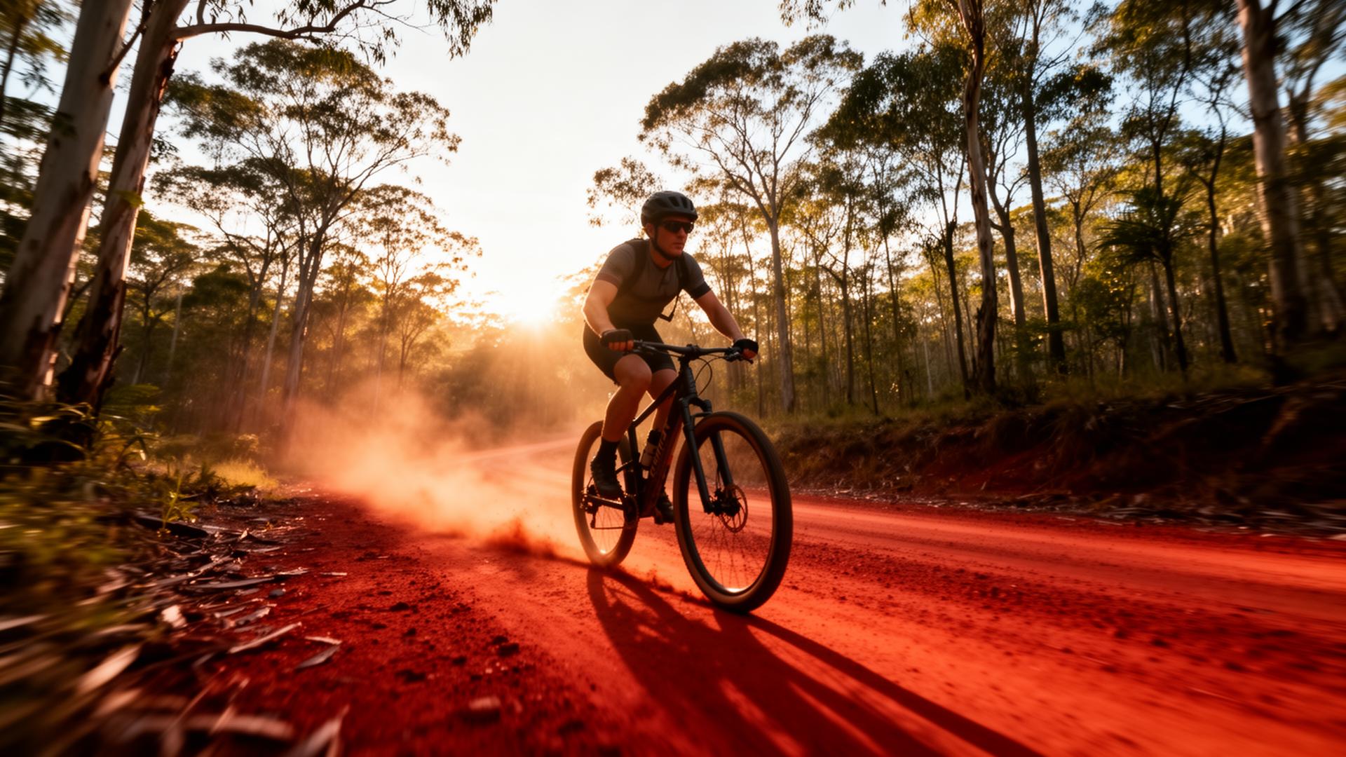 Cyclist riding a gravel road through Noosa hinterland at sunrise