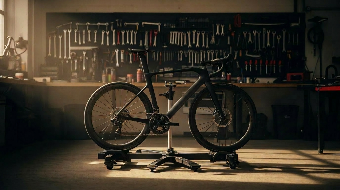 A carbon road bike on a workshop repair stand surrounded by tools